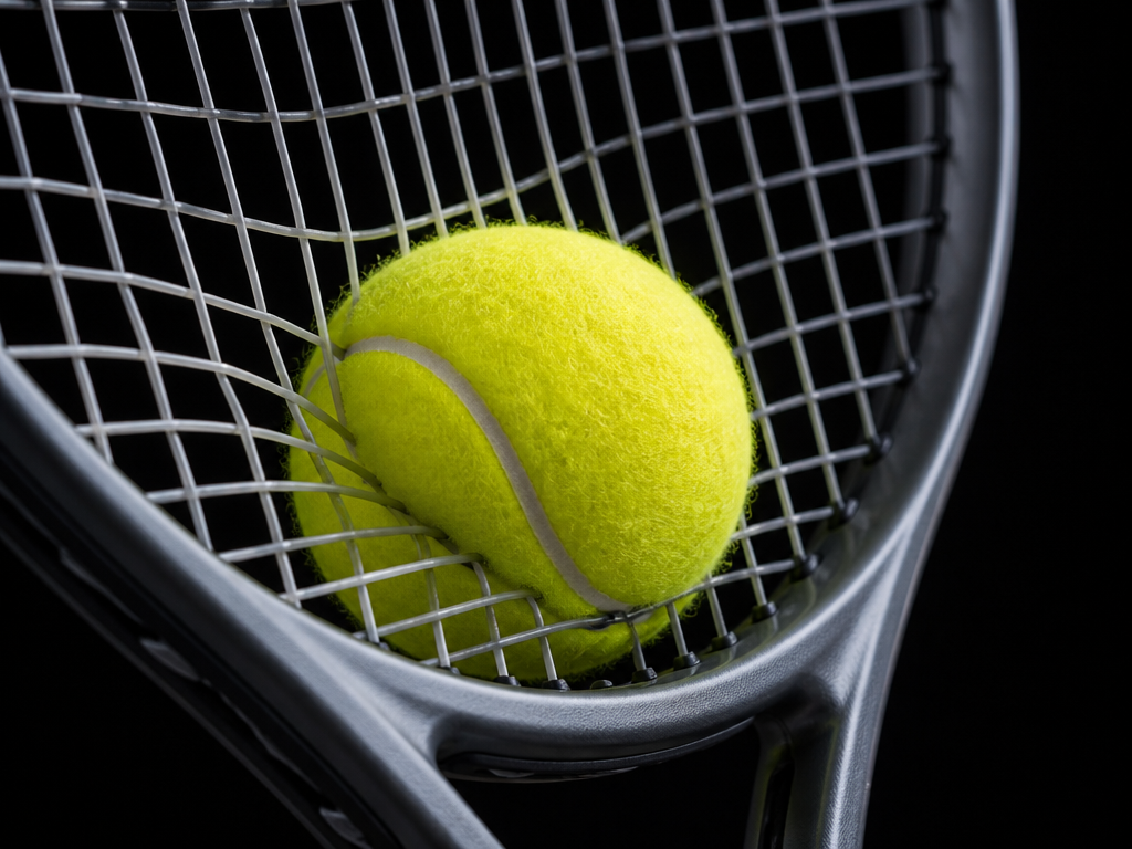 Close-up macro photograph of a tennis ball compressing against a racquet stringbed mid-impact, frozen…