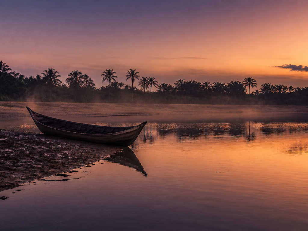 Photorealistic documentary photograph of a West African coastal lagoon at dusk, taken from the…