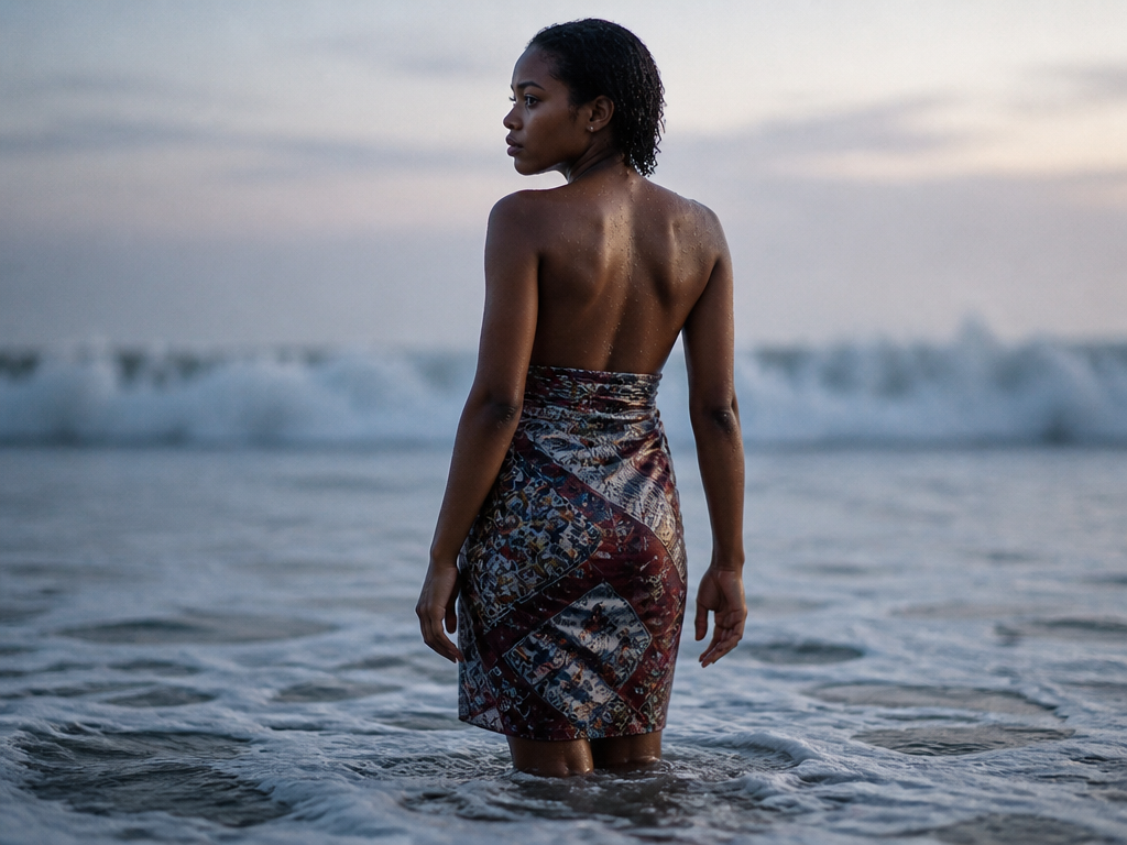 Photorealistic environmental portrait of a young woman standing knee-deep in shallow ocean surf at…