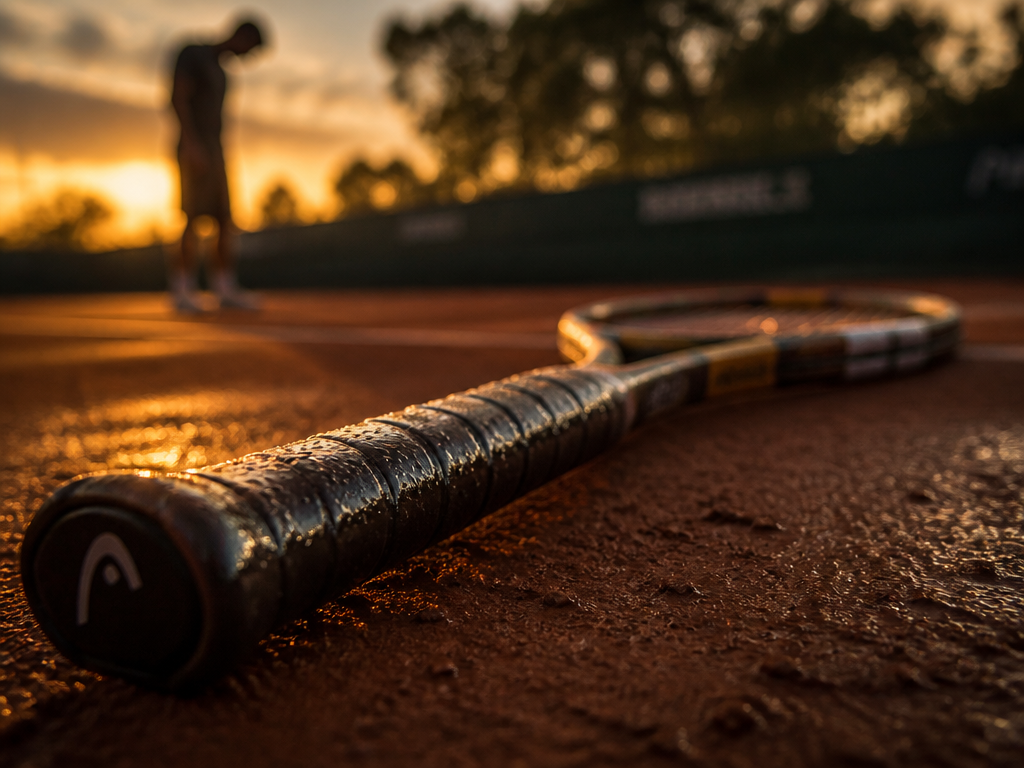 A low-angle shot of a tennis racquet lying abandoned on a clay court after…