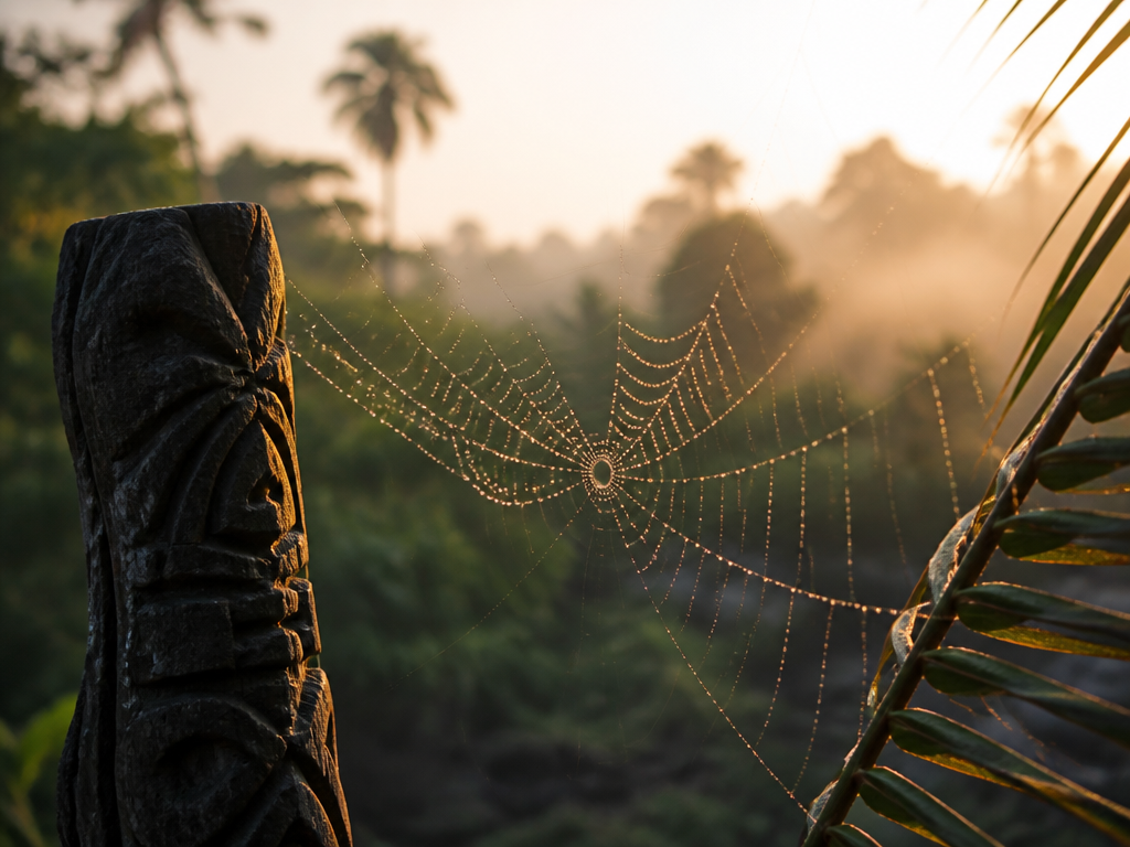 A macro photograph of a single dew-beaded spider web strung between a carved wooden…