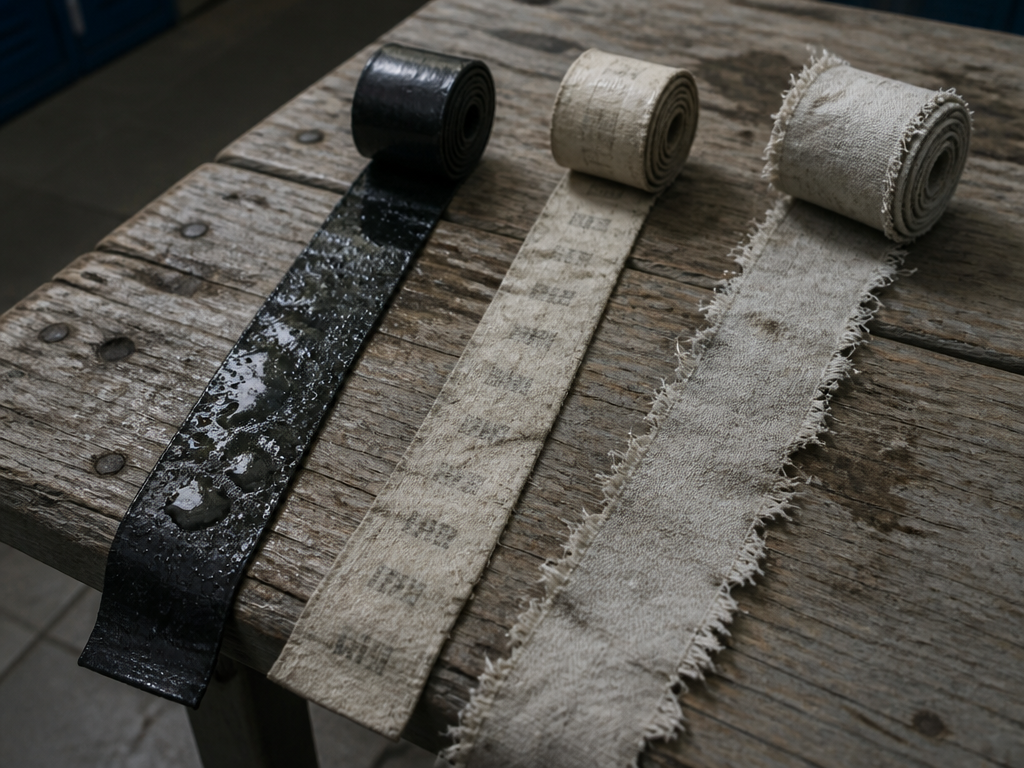 A still-life photograph on a weathered wooden bench in a locker room: three worn…