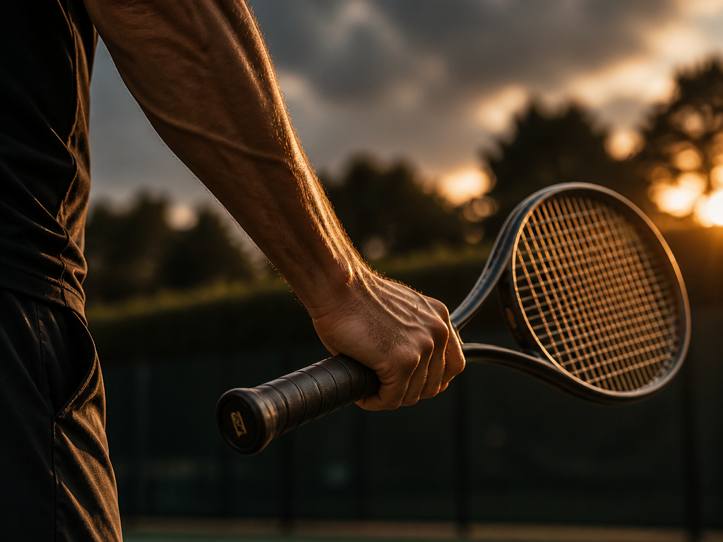 A medium shot of a tennis player's hand gripping a racket, taken from a…