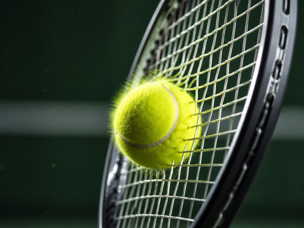 Close-up macro photograph of a tennis ball compressing against freshly strung racquet strings at…