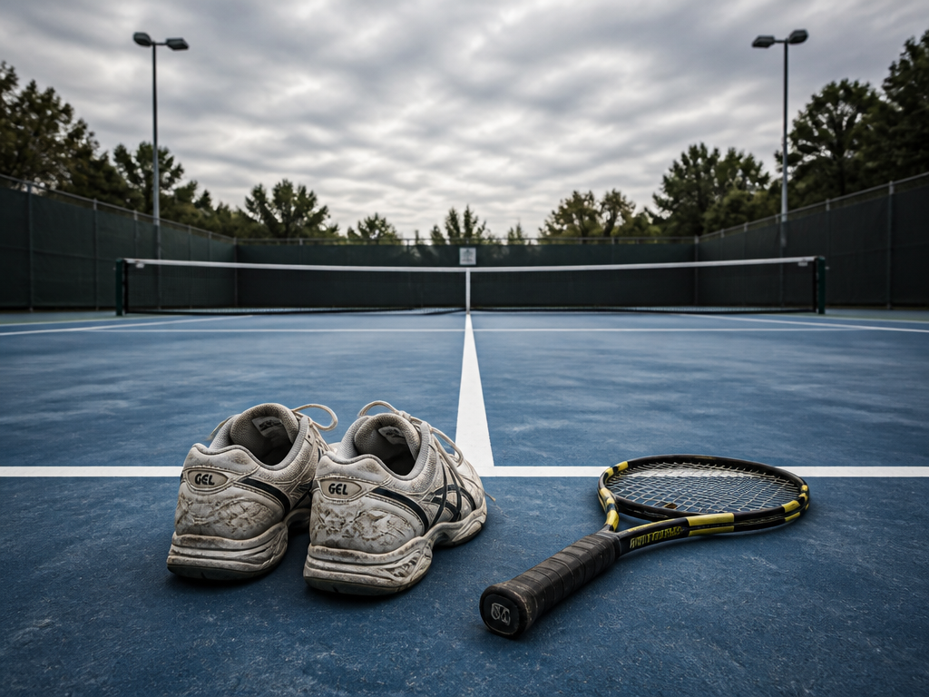 A pair of well-worn tennis shoes stands still on a blue hard court, facing…