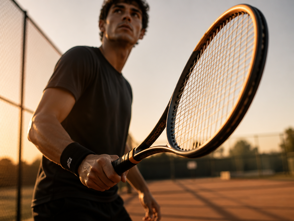 Close-up shot of a tennis player's hand gripping a racquet at waist level, shot…