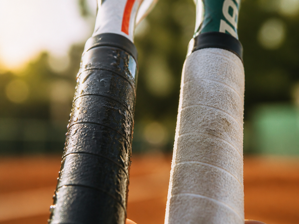Close-up macro photograph of two tennis racket handles side by side, partially wrapped with…