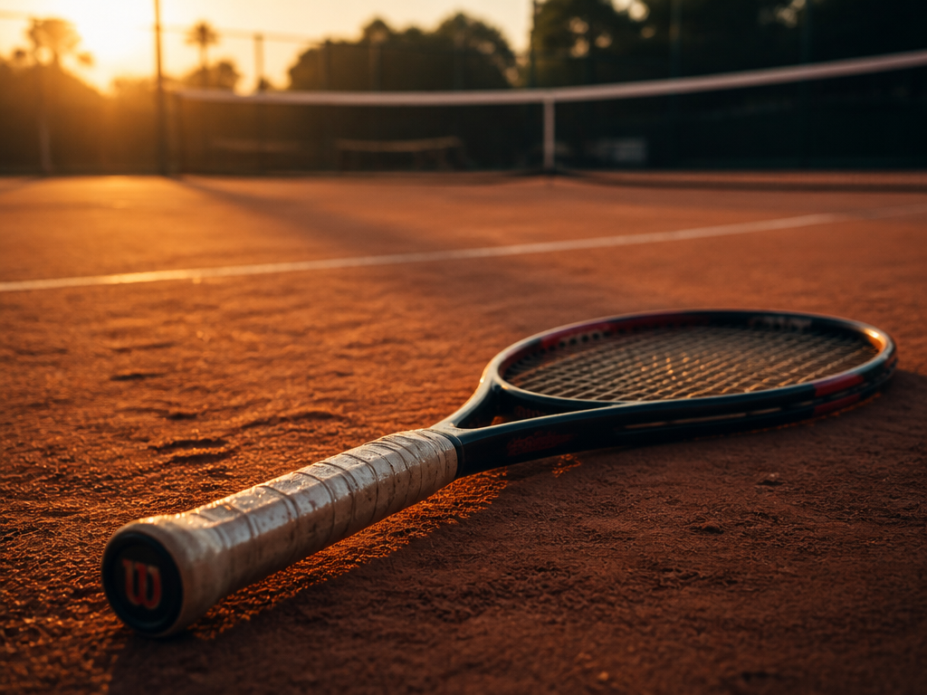 Low-angle photograph of a single tennis racquet lying on a sunlit clay court after…