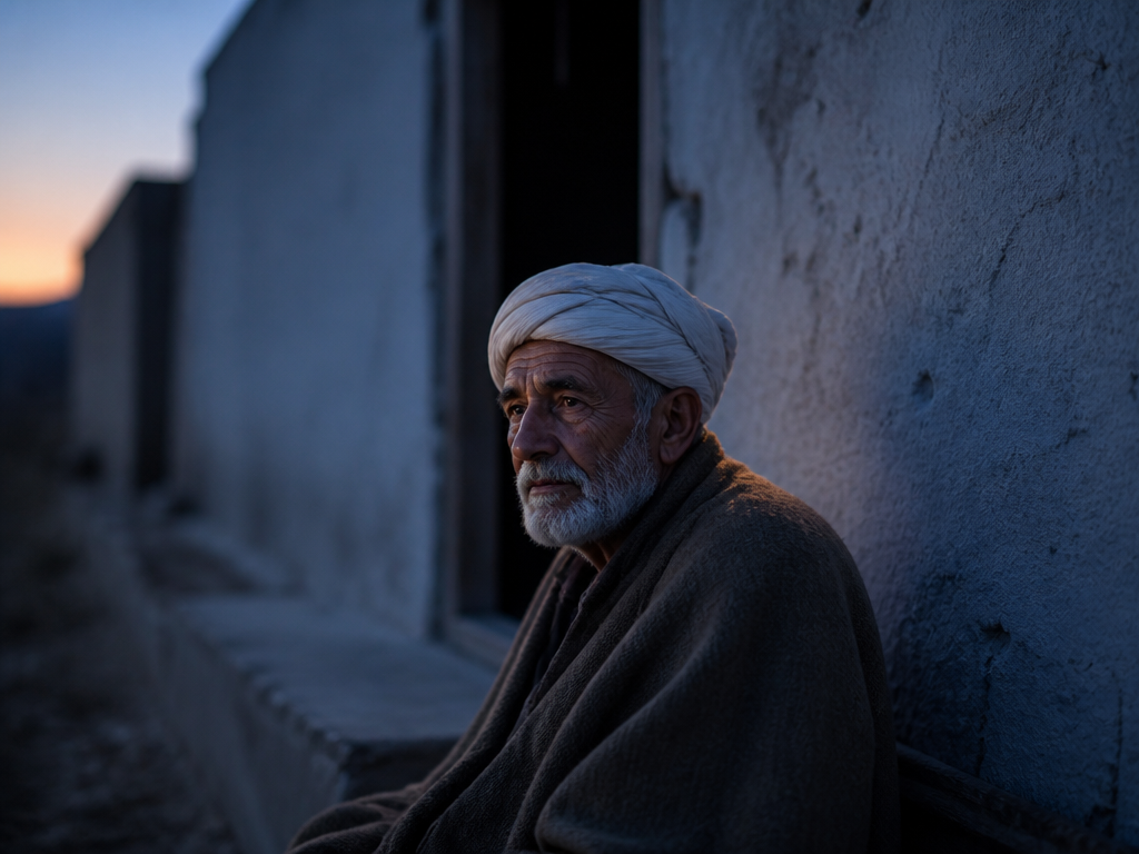 An elderly man seated alone on a low stone step outside a mud-plastered wall…