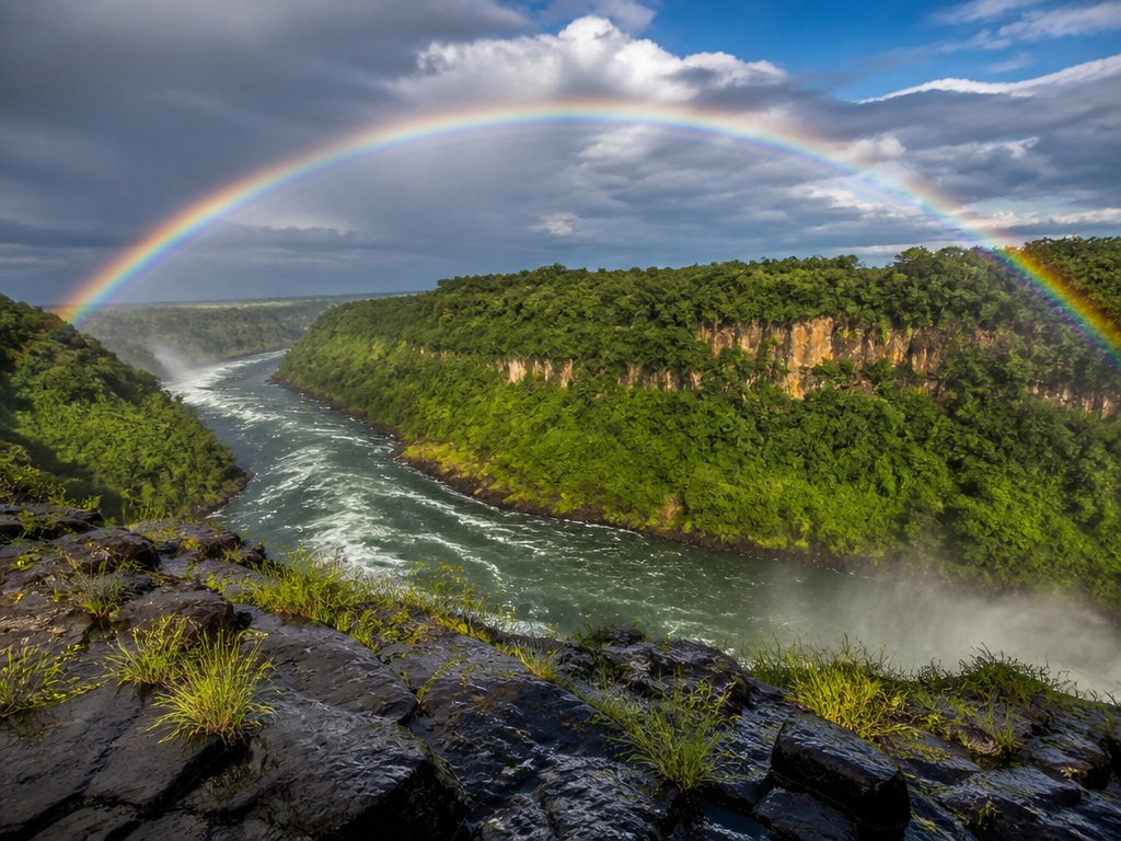 A photorealistic wide-angle photograph of a broad river cutting a serpentine bend through a…