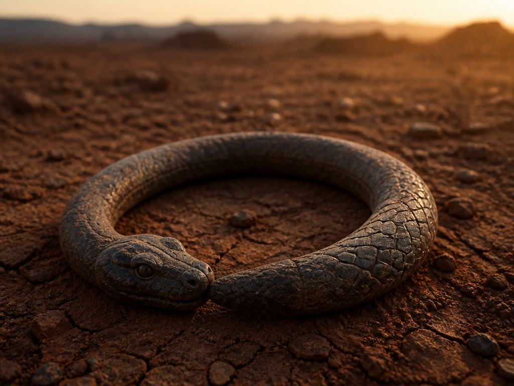 A photorealistic close-up photograph of a weathered dark bronze serpent sculpture coiled in a…