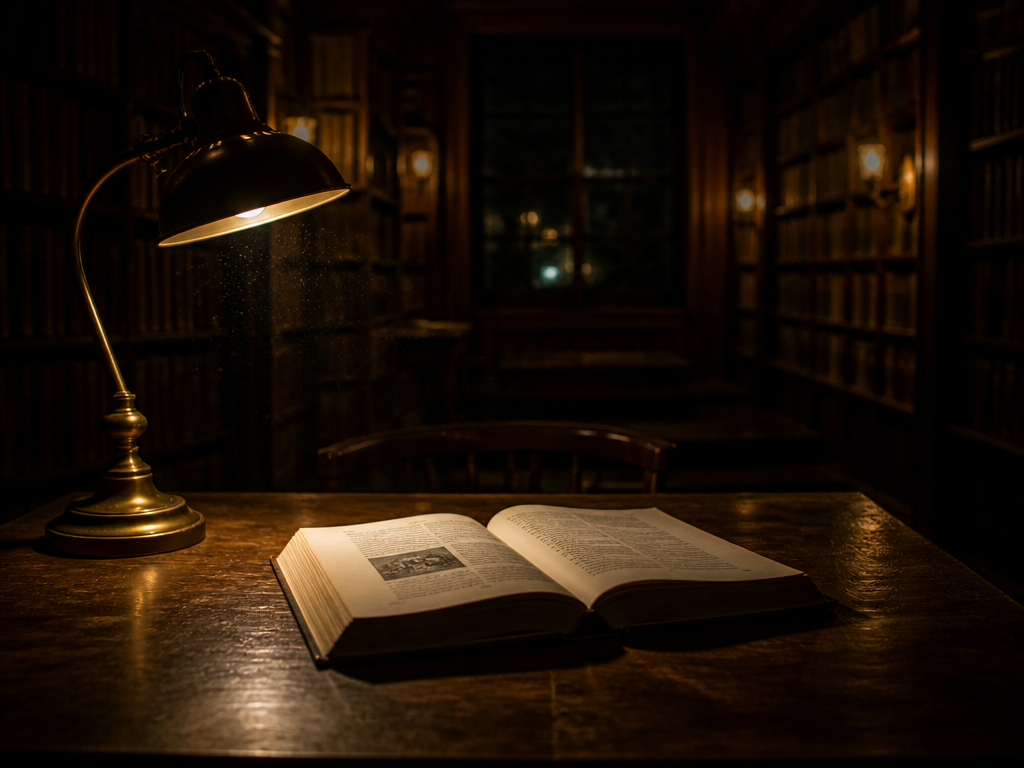 A photorealistic interior photograph of a quiet library reading room at night, an open…