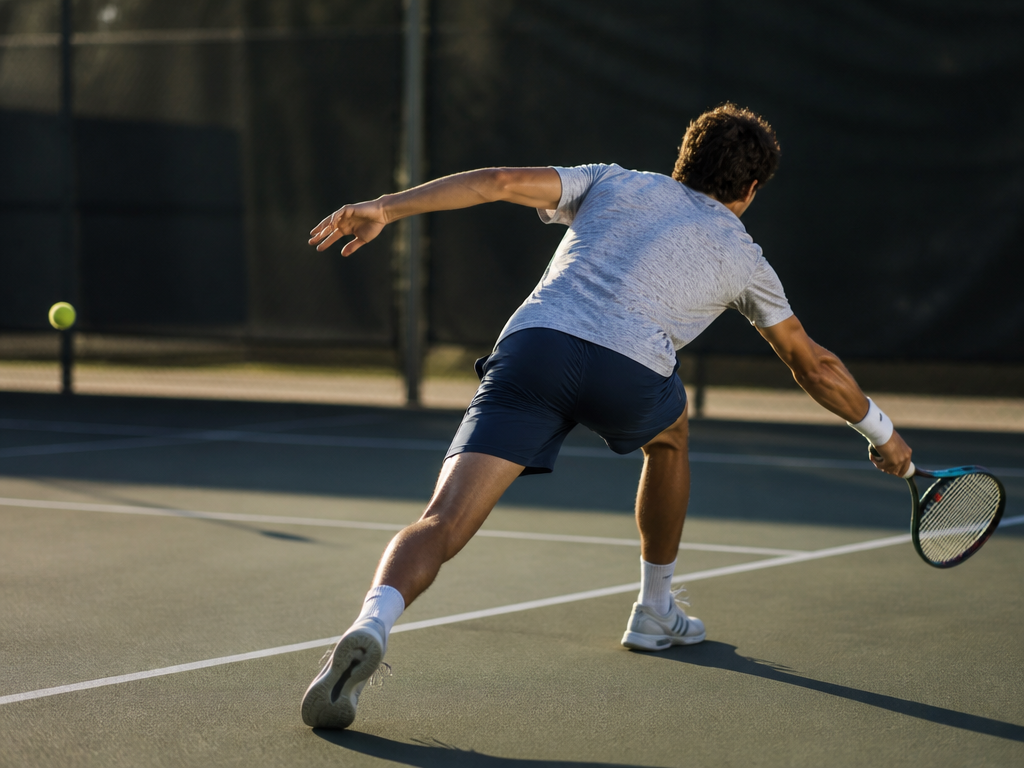 A shallow depth-of-field photograph from behind a tennis player in a dynamic defensive stance…