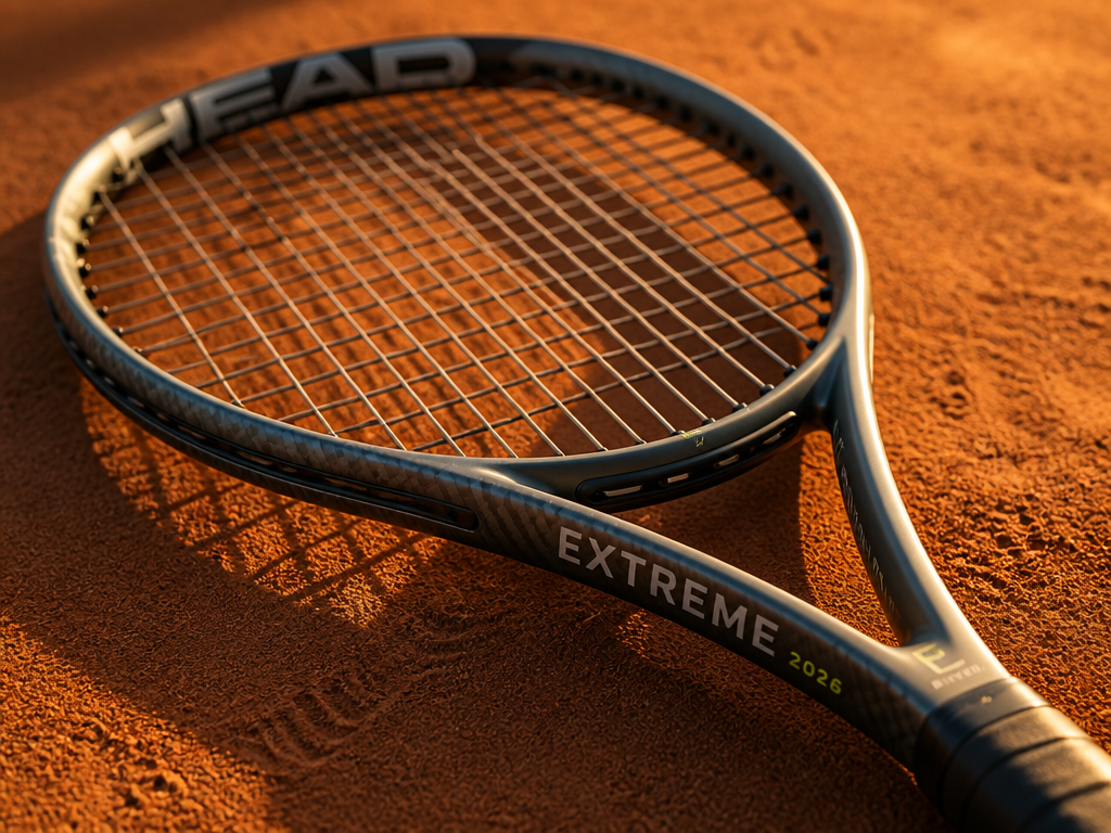 A close-up, macro photograph of a HEAD Extreme 2026 tennis racquet resting diagonally across…
