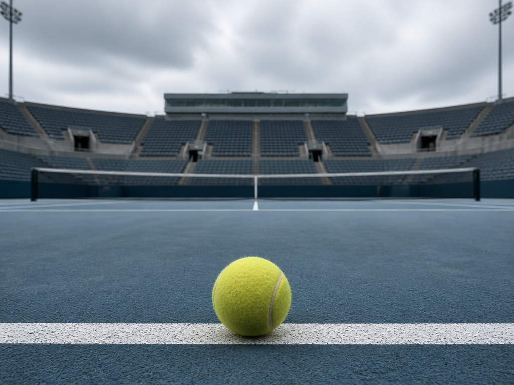Low-angle shot of a tennis ball resting alone on the baseline, the court stretching…