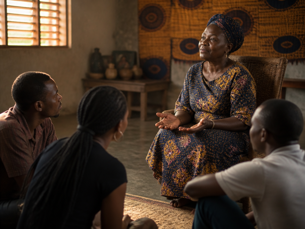 Photorealistic documentary photograph of an older West African woman seated in a woven-backed chair…