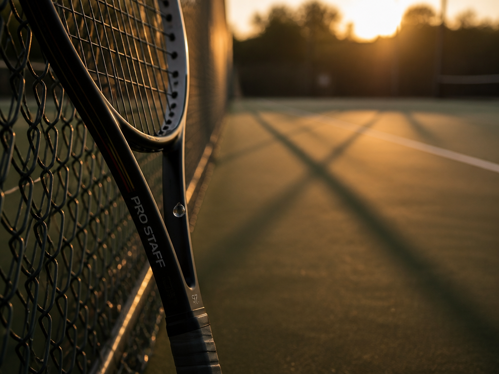 A professional tennis racquet leaning against a chain-link fence at golden hour, the court…