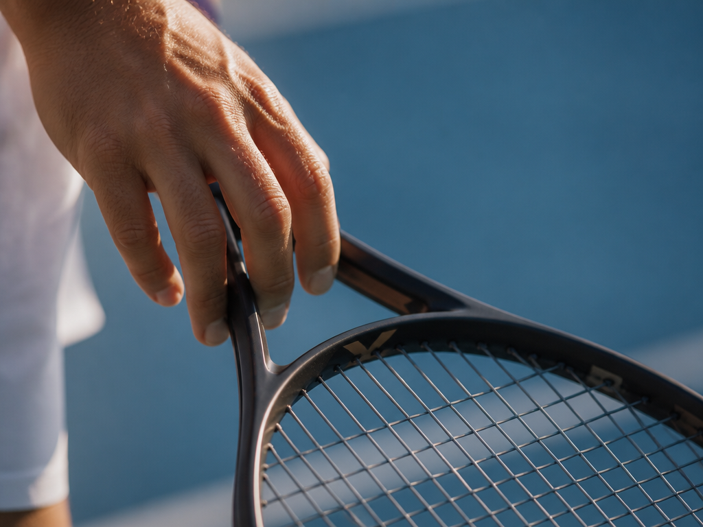 A close-up macro shot of a tennis player's hand resting lightly on the throat…