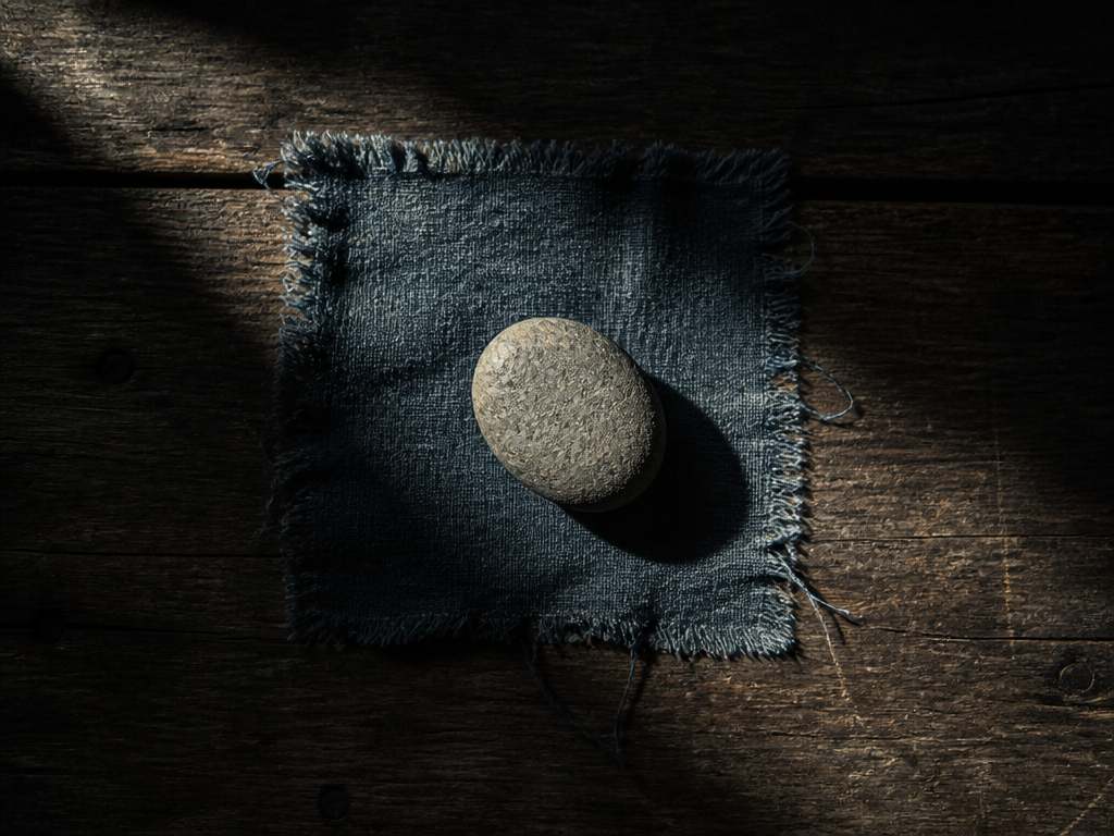 A small smooth grey river pebble resting on a frayed square of faded indigo…