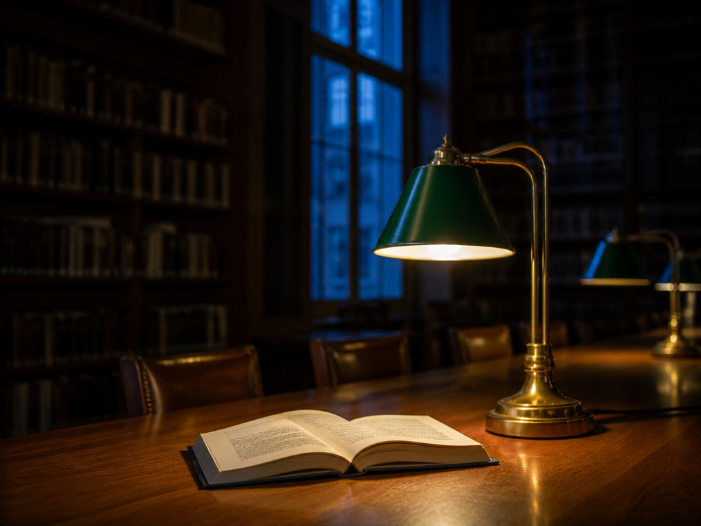 A quiet library reading room at night, an open hardcover novel lying face-up on…