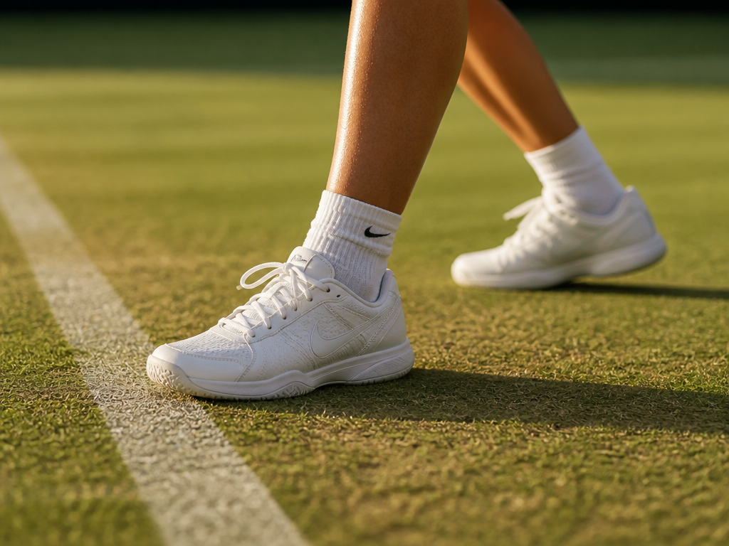 A tight profile shot of a female tennis player's feet and lower legs at…