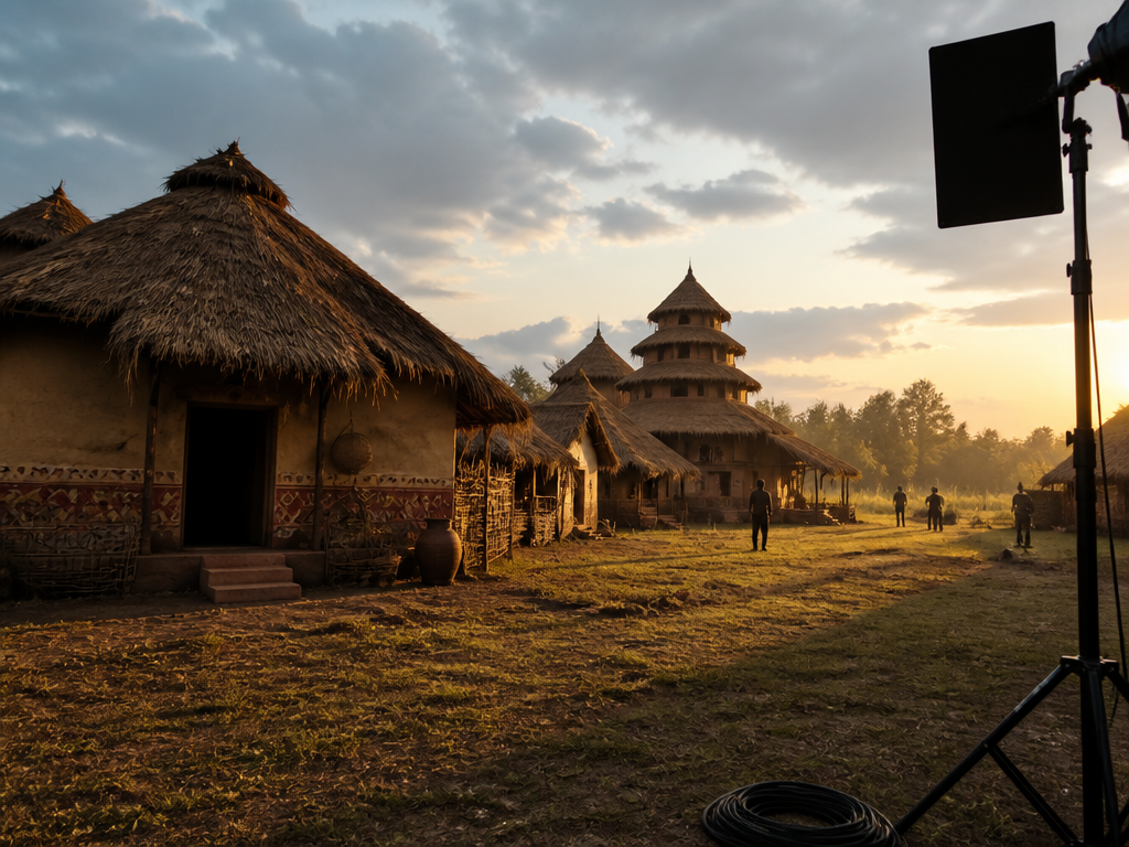 Behind-the-scenes photograph on a film set at golden hour: a full-scale thatched village compound…