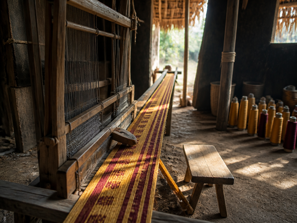 Photograph of a narrow-strip handloom in a village weaving shed, the wooden shuttle and…