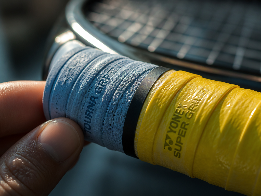 Close-up macro shot of a tennis racquet handle wrapped in two contrasting overgrips side…