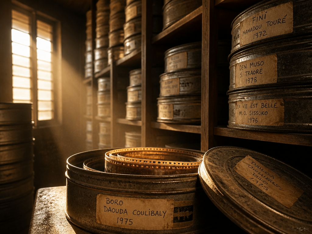 A weathered West African film archive interior at golden hour, rows of dented metal…