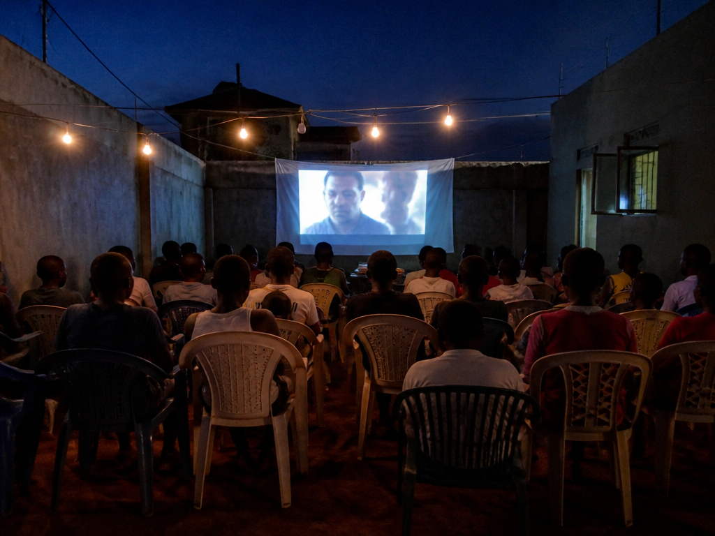 An outdoor evening screening in a Lagos courtyard, a white sheet strung between two…