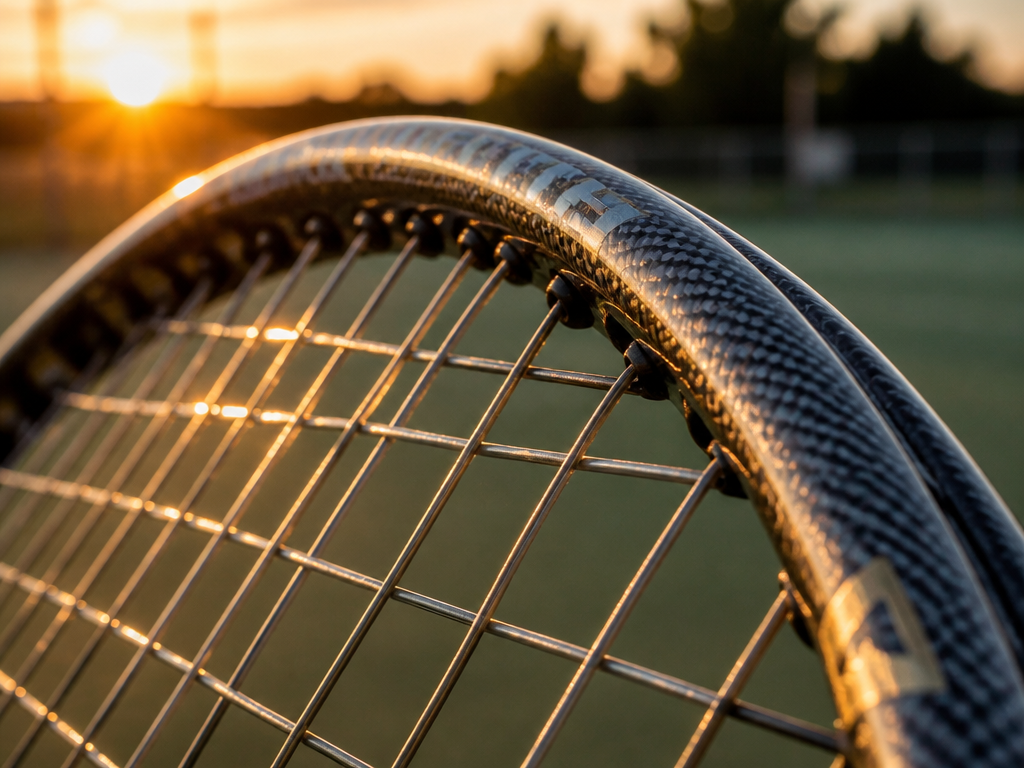 A close-up macro photograph of a tennis racquet's stringbed and frame at the upper…