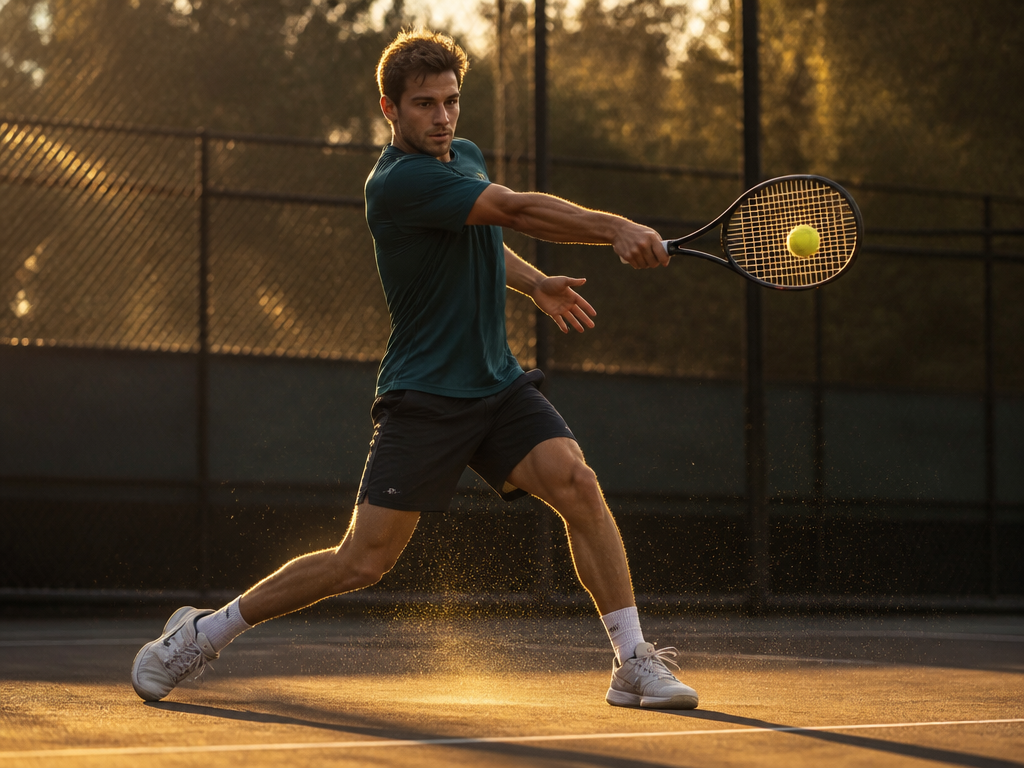 A low-angle photograph of a male tennis player mid-swing on a one-handed backhand, the…