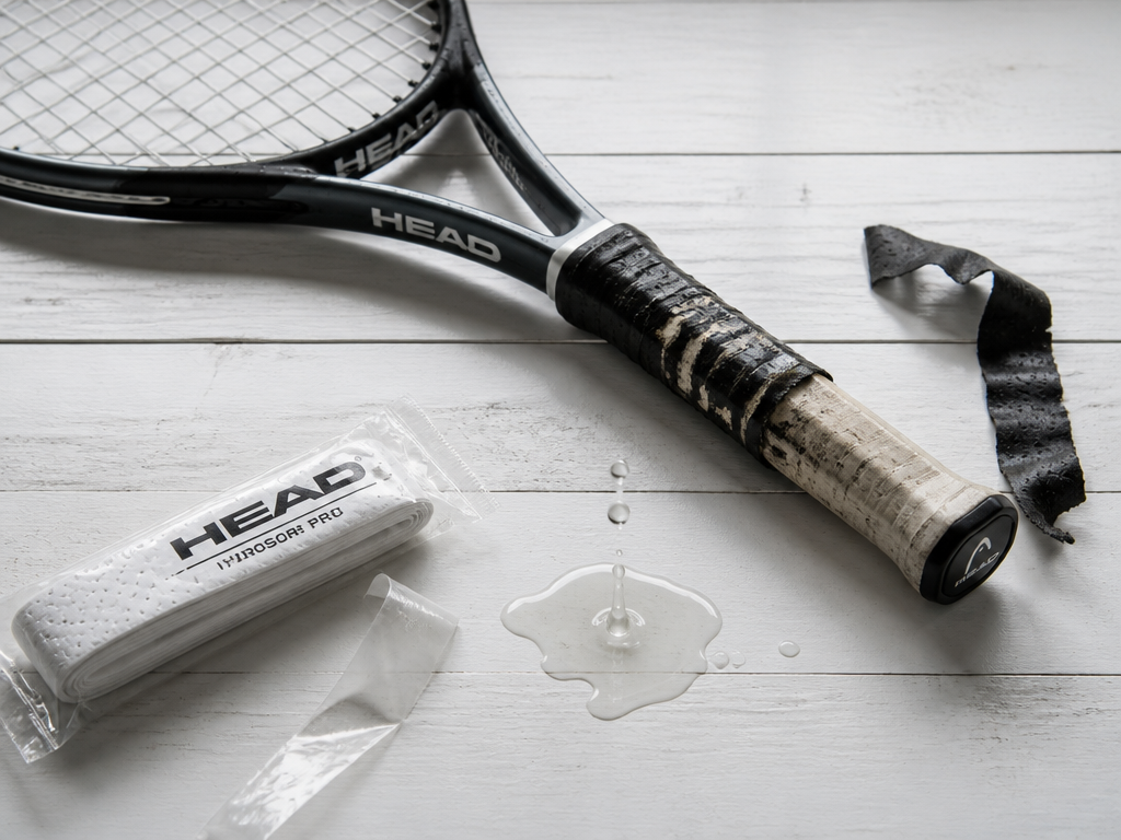 An overhead, flat-lay photograph of a tennis racquet placed diagonally on a white wooden…