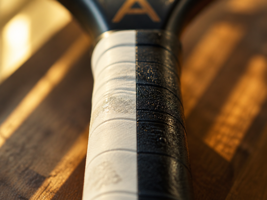 A close-up macro photograph of a tennis racquet handle from directly above, wrapped in…
