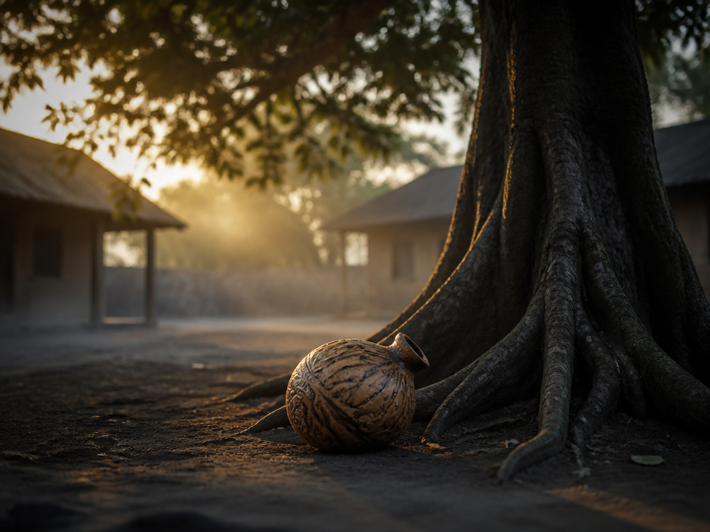 A compound courtyard at dawn in south-eastern Nigeria, a mature tree with wide buttress…