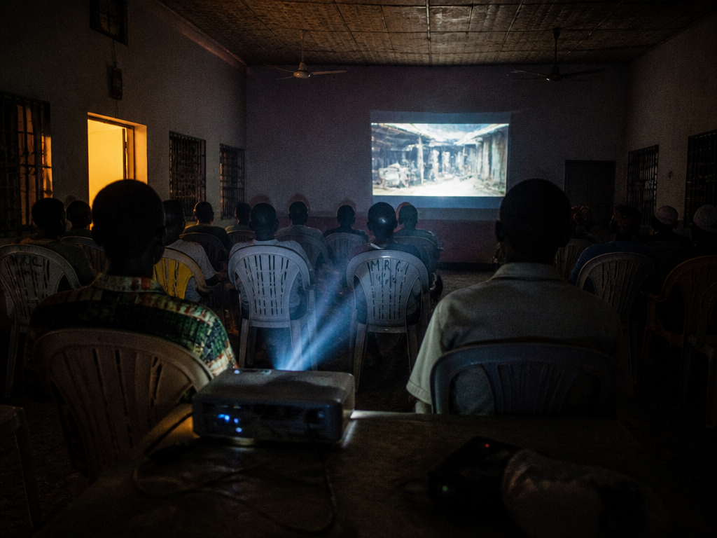 A rented community hall in a Nigerian town at night, rows of stacked plastic…