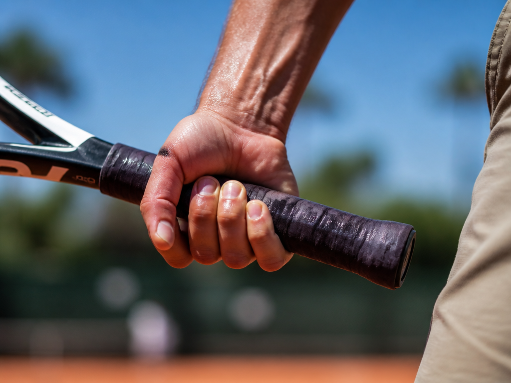 A medium shot photograph of a tennis player's hand gripping a racquet handle during…