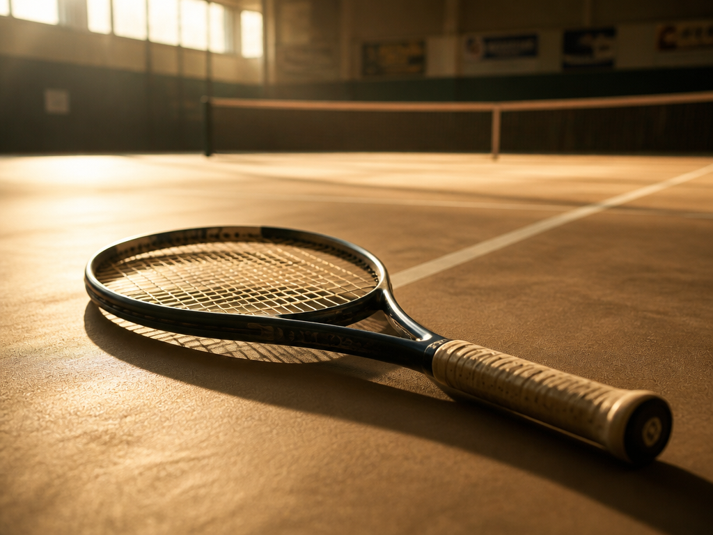 A tennis racquet lying flat on a sunlit indoor court floor, its frame casting…