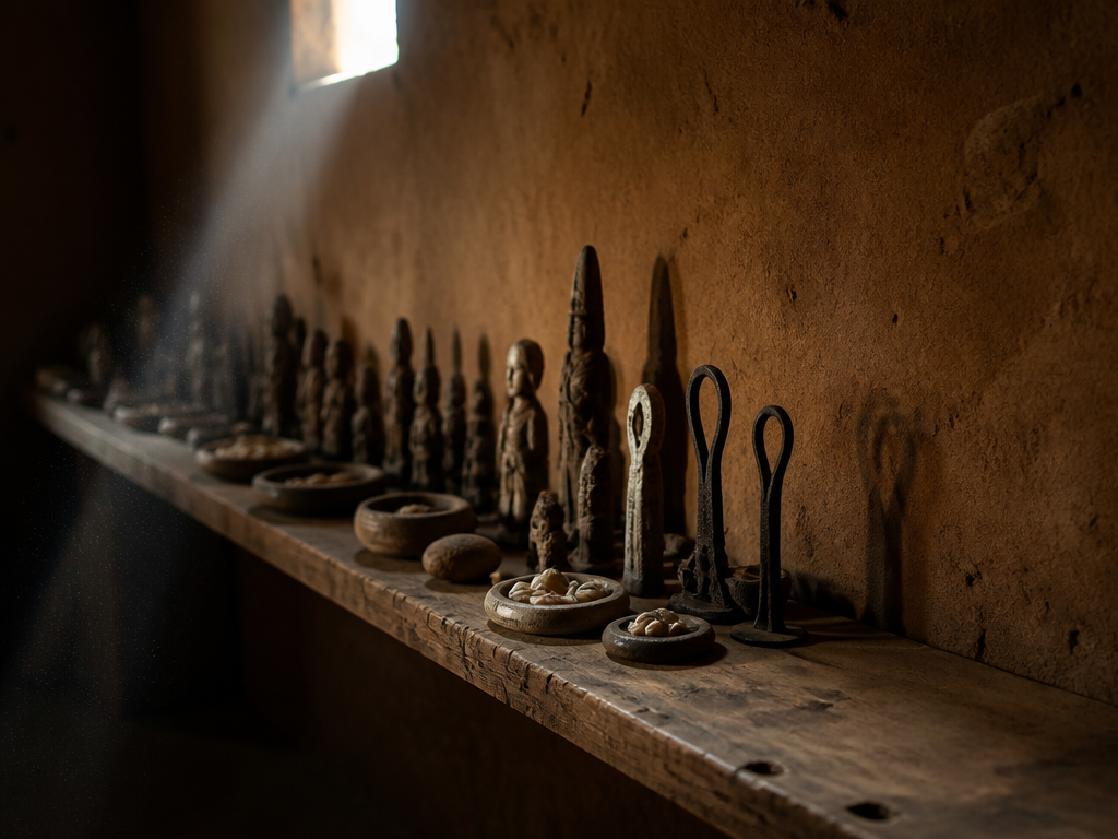 A photorealistic low-light photograph of a long weathered wooden shelf inside a dim earthen-walled…