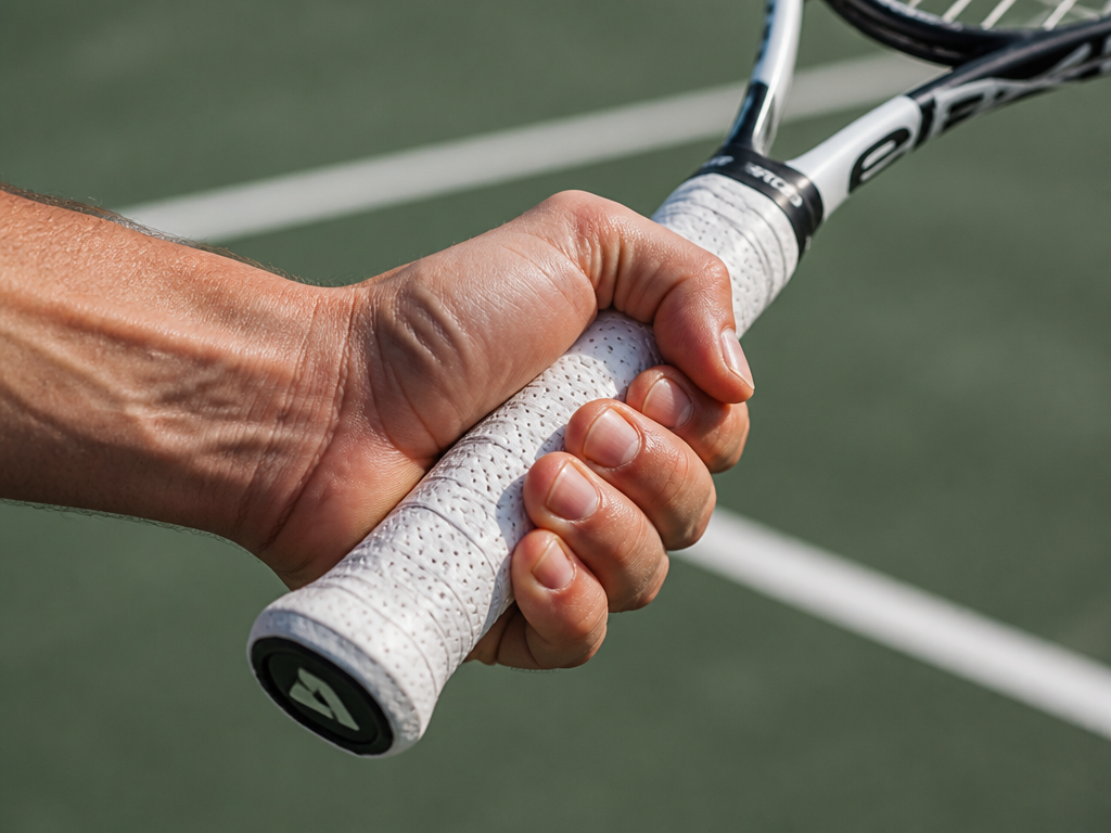 A close-up macro shot of a player's hand gripping a tennis racquet, veins visible…