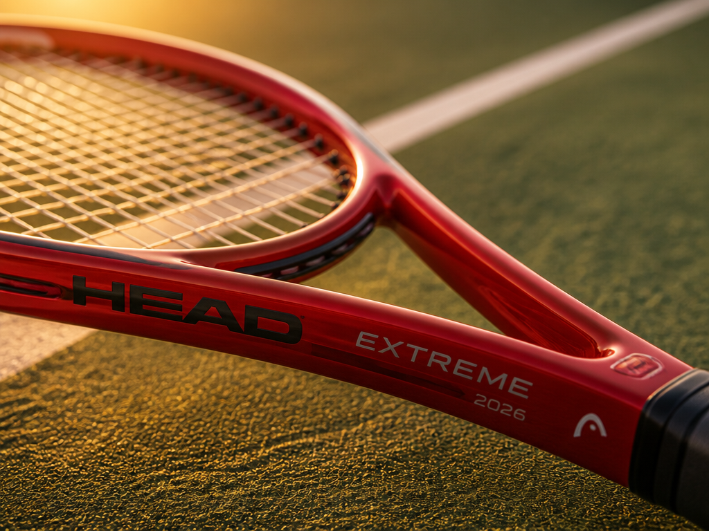 Close-up macro shot of a red 2026 HEAD Extreme tennis racquet resting across a…