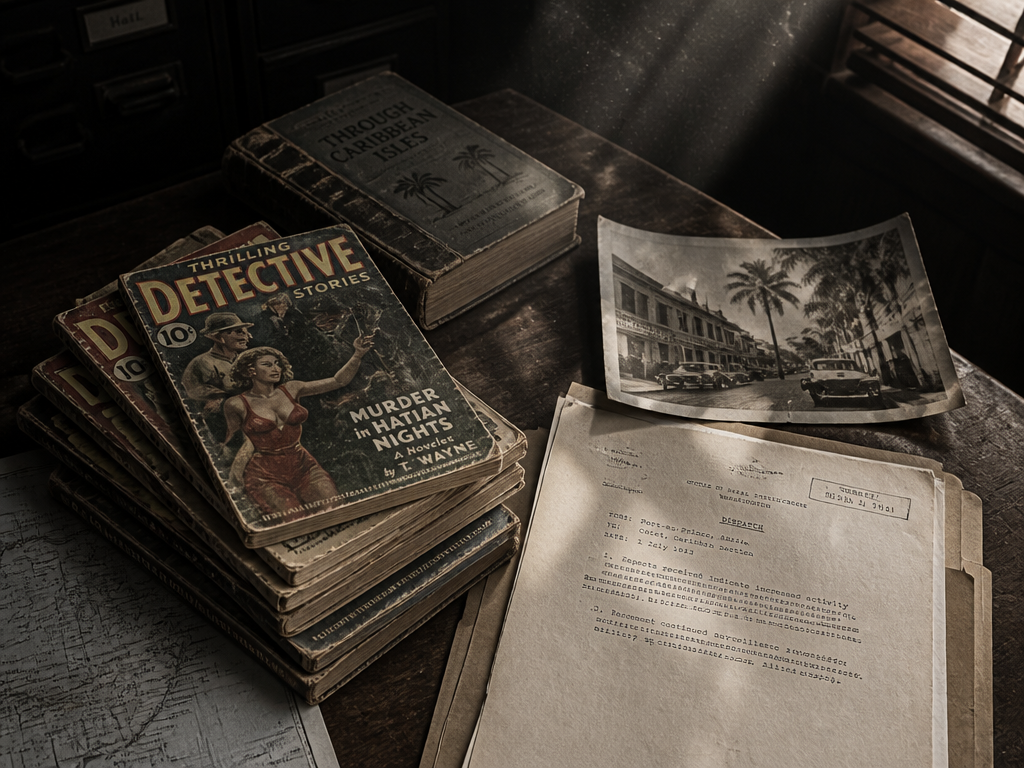 Still-life documentary photograph on a scarred wooden desk in a dim archive room: a…