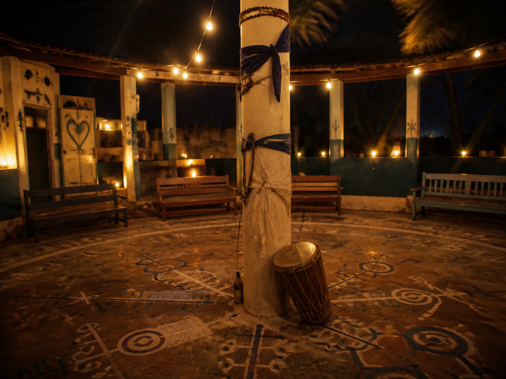 Interior documentary photograph of an open-air Haitian temple courtyard at night: a peristil with…
