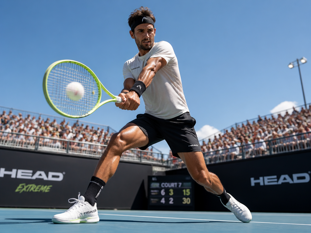 Low-angle full-body shot of a tennis player mid-swing on a sunlit hard court, the…