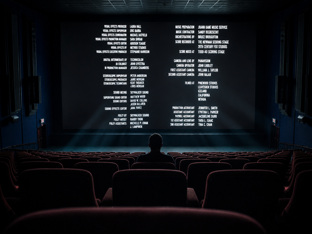 A quiet cinema auditorium photographed from a low rear angle during the end credits…