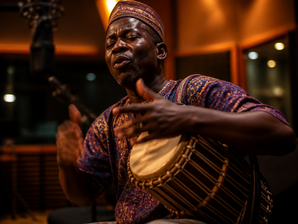 A professional recording studio photographed in warm low light: a seated Yoruba dùndún talking…