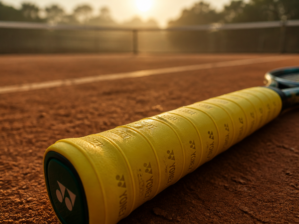 A dramatic low-angle photograph of a tennis racquet handle wrapped in bright yellow Yonex…
