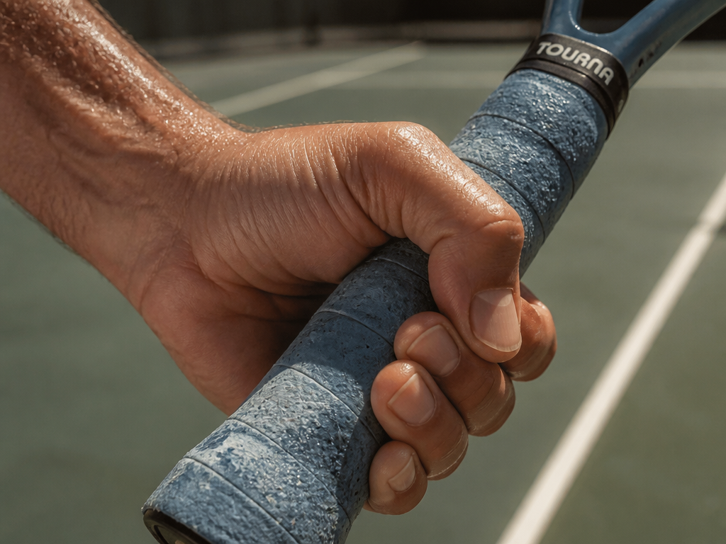 A tight macro close-up photograph of a tennis racquet handle wrapped in a pale…