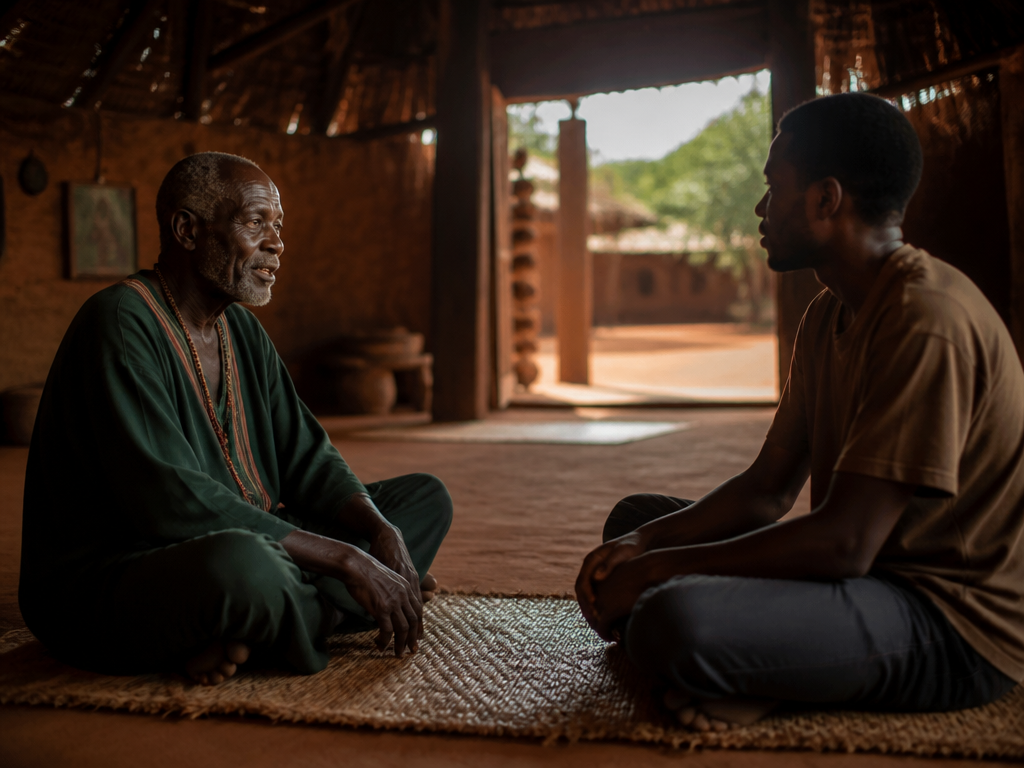 An elder seated cross-legged on a woven raffia mat inside an open-sided thatched shelter…