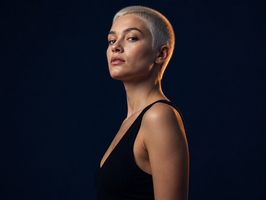 A young woman with closely cropped bleached-white hair stands in three-quarter profile against a…